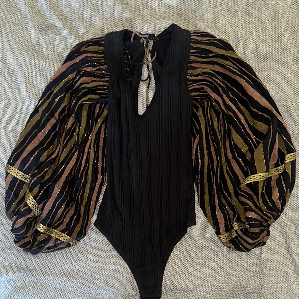 Elegant Black Bodysuit with Striped Sleeves